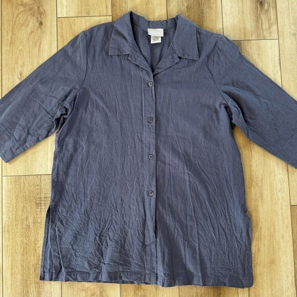 Blair Tops - Blair XL Linen Cotton Dusty Blue Button Front Short Sleeve Top Beach Casual